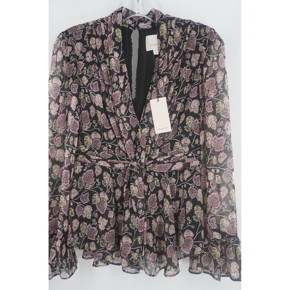 Cinq à Sept Marlow Black Multi Floral Print Peplum Blouse Flared Slv Size XS NWT